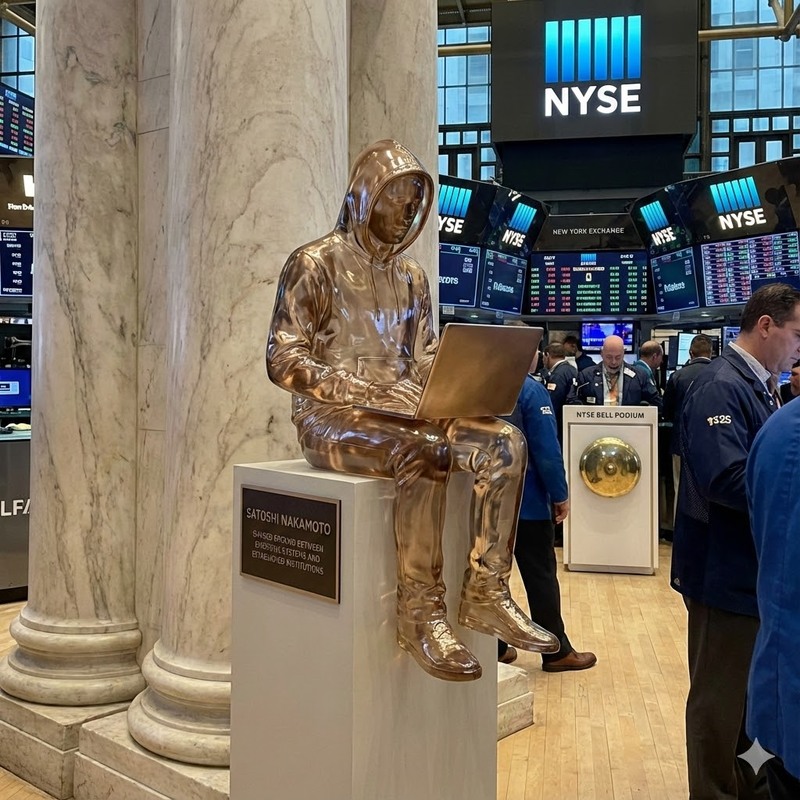 뉴욕증권거래소, 사토시 나카모토/AI 생성 이미지