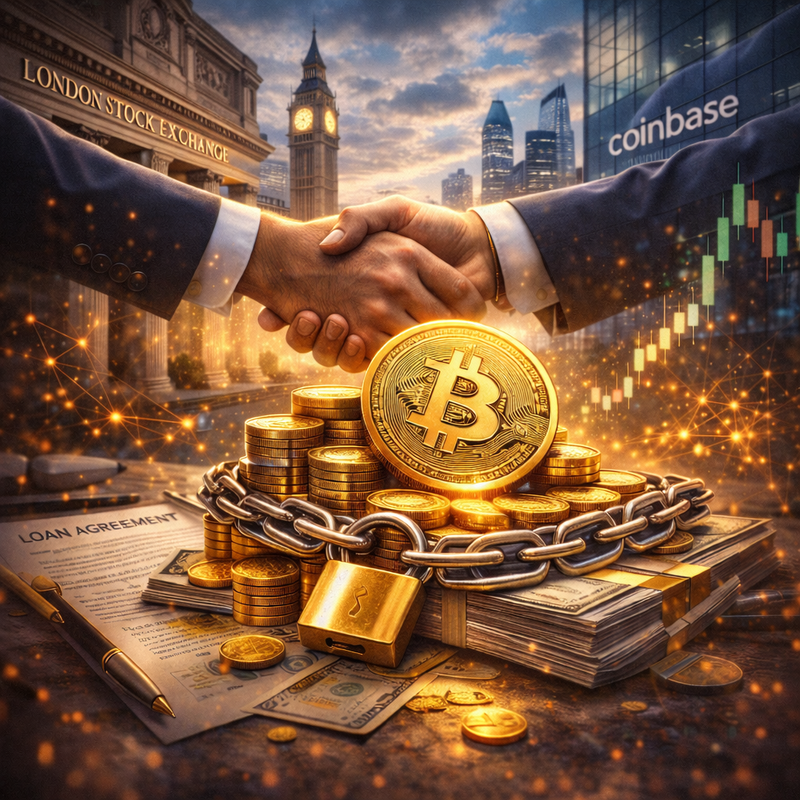 비트코인(BTC) 담보, 코인베이스(Coinbase), 런던 증시/챗GPT 생성 이미지