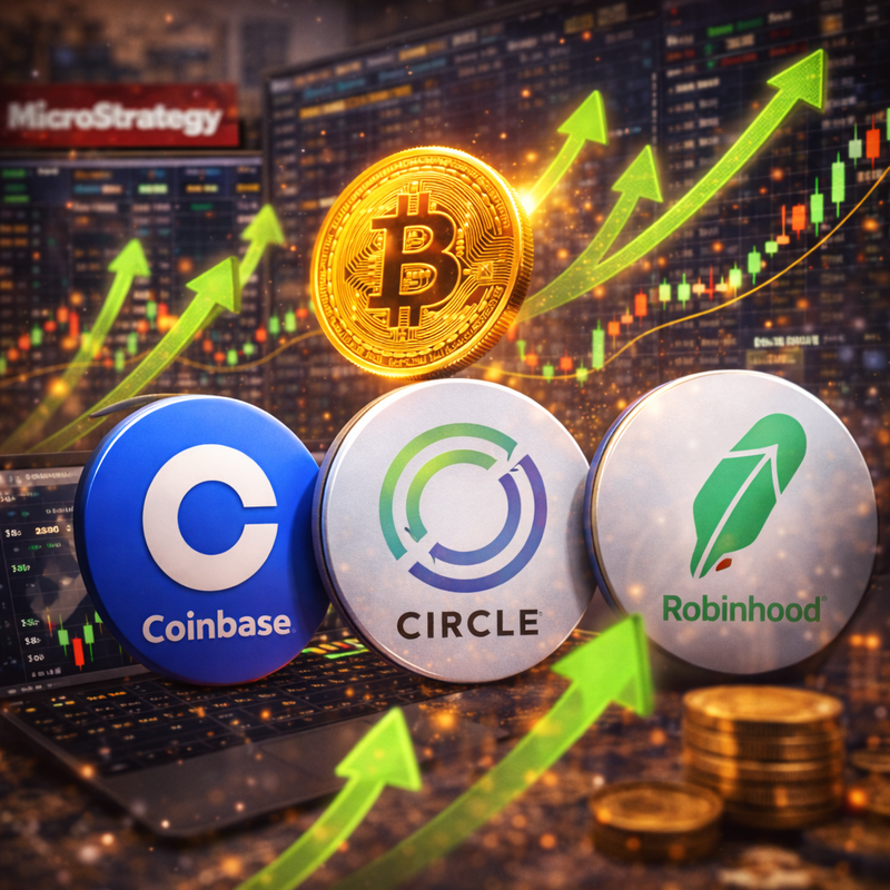 비트코인(Bitcoin, BTC), 스트래티지(Strategy), 코인베이스(Coinbase), 로빈후드(Robinhood)/챗GPT 생성 이미지